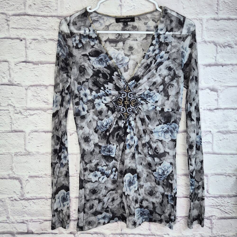 Karen Kane Top XL Floral Mesh Sheer Y2K Whimsigoth Beaded Ruched V-Neck Grunge